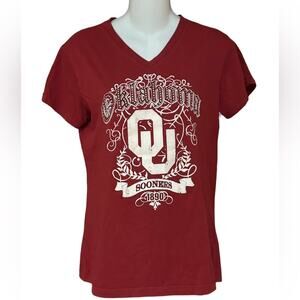 OU University of Oklahoma Womens Small V-Neck Short Sleeve T Shirt Fleece Logo